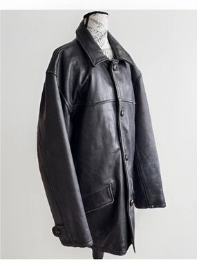 Vintage 90s Y2K American Base Black Leather Button Down Car Coat Jacket Mens XL